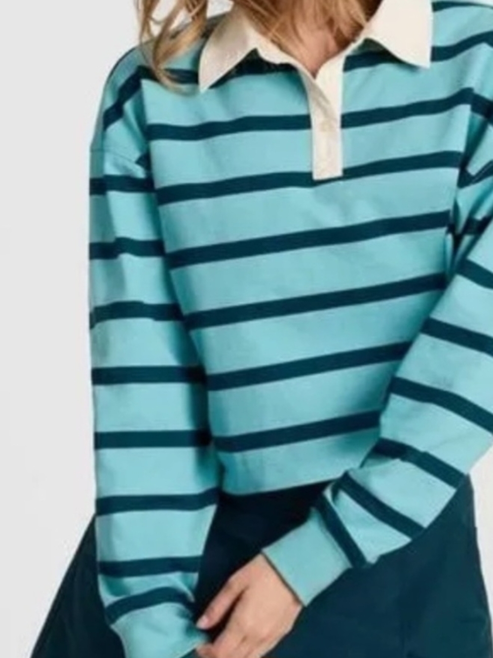 Champion Cropped Rugby Stripe Pullover in Aqua & Navy